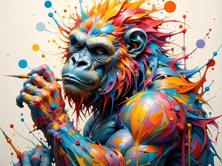 Portrait de gorille dans un style pop art coloré, éclaboussures, arabesques, coups de pinceau. Un tableau expressif décliné en plusieurs versions. Exclusivité DECOTAB.