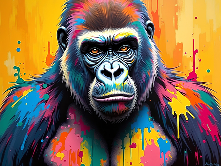 Portrait de gorille dans un style pop art graphique avec aplats de couleurs vives et contrastes tranchés. Tableau décoratif décliné en plusieurs versions colorées.