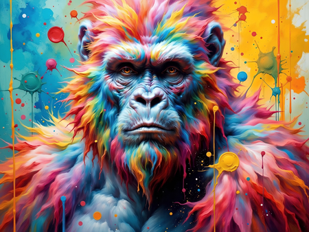 Tableau de gorille dans un style cosmique, avec une crinière lumineuse aux reflets colorés et vaporeux. Une œuvre céleste et expressive, disponible en plusieurs versions. Exclusivité DECOTAB.