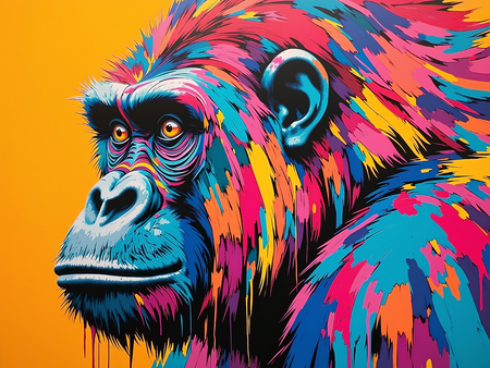 Portrait de gorille dans un style pop art graphique avec aplats de couleurs vives et contrastes tranchés. Tableau décoratif décliné en plusieurs versions colorées.