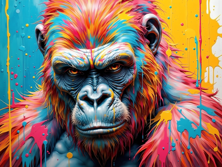 Portrait de gorille dans un style pop art coloré, éclaboussures, arabesques, coups de pinceau. Un tableau expressif décliné en plusieurs versions. Exclusivité DECOTAB.