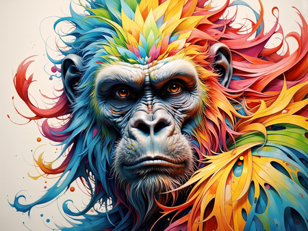Portrait de gorille dans un style pop art coloré, éclaboussures, arabesques, coups de pinceau. Un tableau expressif décliné en plusieurs versions. Exclusivité DECOTAB.