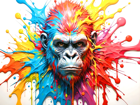 Portrait de gorille dans un style pop art coloré, éclaboussures, arabesques, coups de pinceau. Un tableau expressif décliné en plusieurs versions. Exclusivité DECOTAB.