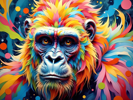 Portrait de gorille dans un style pop art coloré, éclaboussures, arabesques, coups de pinceau. Un tableau expressif décliné en plusieurs versions. Exclusivité DECOTAB.