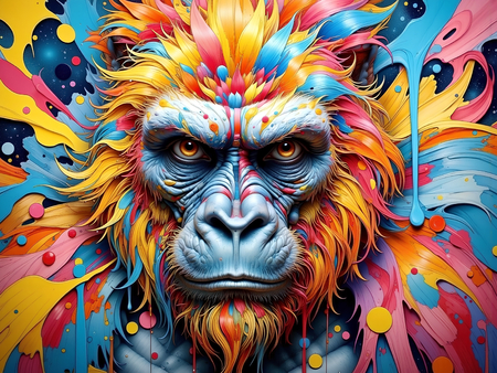 Portrait de gorille dans un style pop art coloré, éclaboussures, arabesques, coups de pinceau. Un tableau expressif décliné en plusieurs versions. Exclusivité DECOTAB.