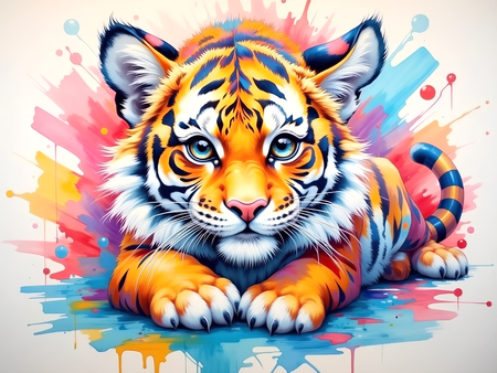 Portrait de tigre dans un style pop art avec jets de peinture, arabesques colorées et effets graphiques éclatants. Plusieurs déclinaisons disponibles, très décoratif.