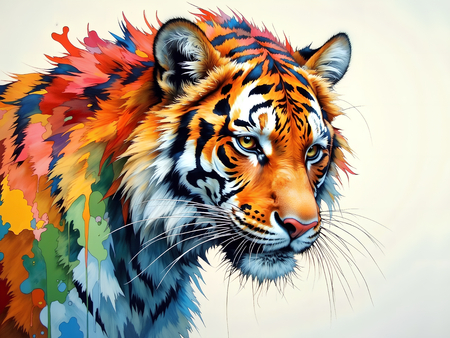 Portrait de tigre dans un style pop art avec jets de peinture, arabesques colorées et effets graphiques éclatants. Plusieurs déclinaisons disponibles, très décoratif.