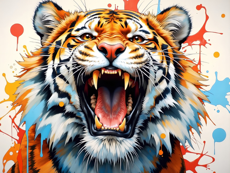Portrait de tigre dans un style pop art avec jets de peinture, arabesques colorées et effets graphiques éclatants. Plusieurs déclinaisons disponibles, très décoratif.