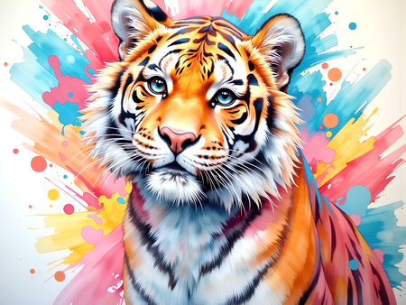 Portrait de tigre dans un style pop art avec jets de peinture, arabesques colorées et effets graphiques éclatants. Plusieurs déclinaisons disponibles, très décoratif.