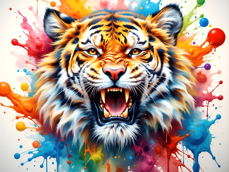 Portrait de tigre dans un style pop art avec jets de peinture, arabesques colorées et effets graphiques éclatants. Plusieurs déclinaisons disponibles, très décoratif.