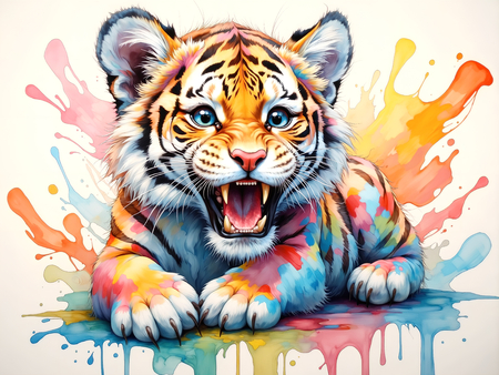 Portrait de tigre dans un style pop art avec jets de peinture, arabesques colorées et effets graphiques éclatants. Plusieurs déclinaisons disponibles, très décoratif.