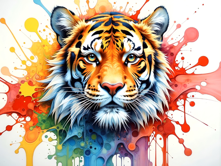 Portrait de tigre dans un style pop art avec jets de peinture, arabesques colorées et effets graphiques éclatants. Plusieurs déclinaisons disponibles, très décoratif.
