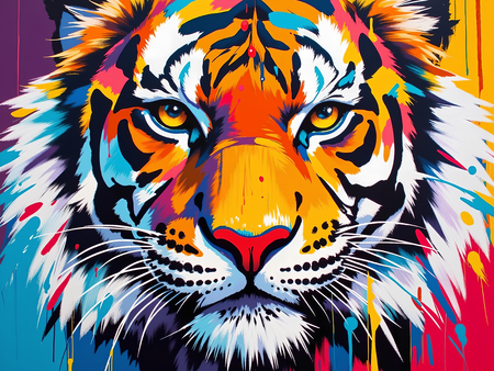 Tableau tigre pop art au style très graphique. Aplats de couleurs vives, contours noirs, plusieurs versions disponibles avec fond coloré. Fabrication française et création exclusive.