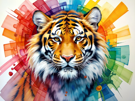 Portrait de tigre dans un style pop art avec jets de peinture, arabesques colorées et effets graphiques éclatants. Plusieurs déclinaisons disponibles, très décoratif.