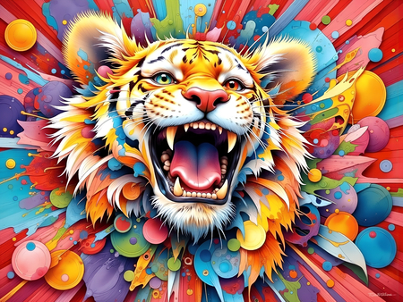 Portrait de tigre dans un style pop art avec jets de peinture, arabesques colorées et effets graphiques éclatants. Plusieurs déclinaisons disponibles, très décoratif.