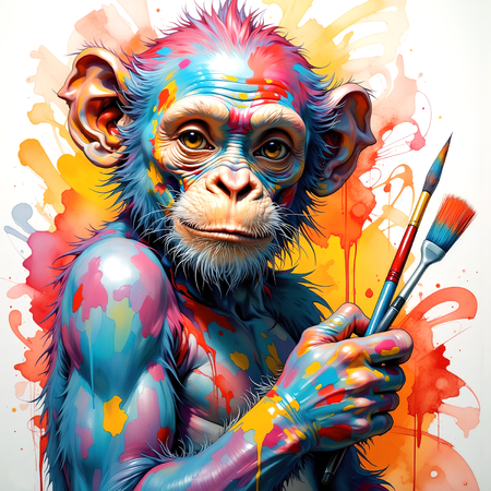 Jeune chimpanzé pop art, pinceaux à la main et expression espiègle. Une explosion de couleurs pour une déco joyeuse et créative. Exclusivité DECOTAB.