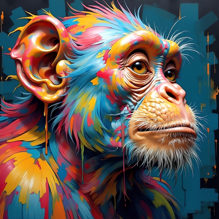 Portrait de chimpanzé dans un style pop art éclaté : formes colorées, jets de peinture, éclaboussures. Un tableau expressif et décalé, décliné en plusieurs versions. Exclusivité DECOTAB.