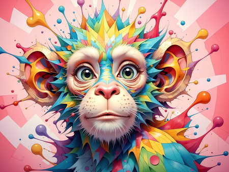 Portrait de chimpanzé dans un style pop art éclaté : formes colorées, jets de peinture, éclaboussures. Un tableau expressif et décalé, décliné en plusieurs versions. Exclusivité DECOTAB.
