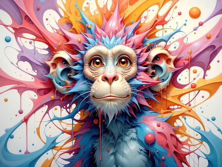 Portrait de chimpanzé dans un style pop art éclaté : formes colorées, jets de peinture, éclaboussures. Un tableau expressif et décalé, décliné en plusieurs versions. Exclusivité DECOTAB.