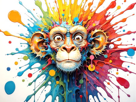Portrait de chimpanzé dans un style pop art éclaté : formes colorées, jets de peinture, éclaboussures. Un tableau expressif et décalé, décliné en plusieurs versions. Exclusivité DECOTAB.
