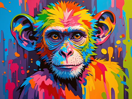 Tableau singe ou chimpanzé dans un style pop art graphique, aux couleurs franches et éclaboussures artistiques. Plusieurs déclinaisons et fonds disponibles. Création exclusive DECOTAB.