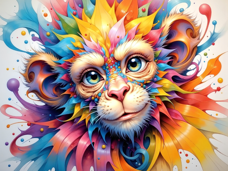 Portrait de chimpanzé dans un style pop art éclaté : formes colorées, jets de peinture, éclaboussures. Un tableau expressif et décalé, décliné en plusieurs versions. Exclusivité DECOTAB.