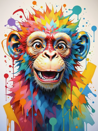 Portrait de chimpanzé dans un style pop art éclaté : formes colorées, jets de peinture, éclaboussures. Un tableau expressif et décalé, décliné en plusieurs versions. Exclusivité DECOTAB.