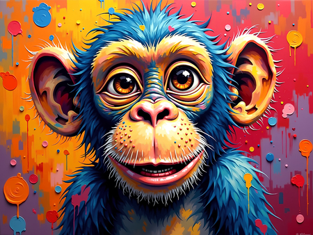 Portrait de chimpanzé dans un style pop art éclaté : formes colorées, jets de peinture, éclaboussures. Un tableau expressif et décalé, décliné en plusieurs versions. Exclusivité DECOTAB.