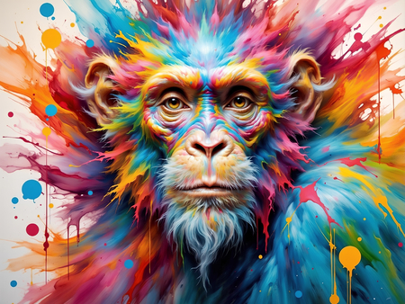 Tableau de singe ou chimpanzé dans un style coloré et vaporeux. Une vision artistique cosmique entre lumière, gaz colorés et textures célestes. Exclusivité DECOTAB.