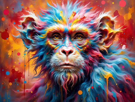 Tableau de singe ou chimpanzé dans un style coloré et vaporeux. Une vision artistique cosmique entre lumière, gaz colorés et textures célestes. Exclusivité DECOTAB.