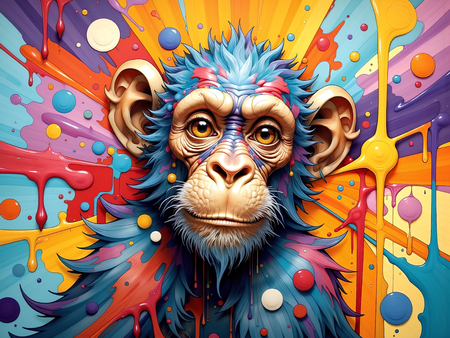 Portrait de chimpanzé dans un style pop art éclaté : formes colorées, jets de peinture, éclaboussures. Un tableau expressif et décalé, décliné en plusieurs versions. Exclusivité DECOTAB.
