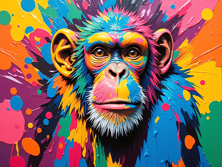 Tableau singe ou chimpanzé dans un style pop art graphique, aux couleurs franches et éclaboussures artistiques. Plusieurs déclinaisons et fonds disponibles. Création exclusive DECOTAB.
