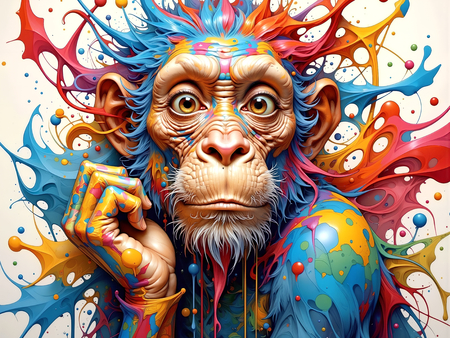Portrait de chimpanzé dans un style pop art éclaté : formes colorées, jets de peinture, éclaboussures. Un tableau expressif et décalé, décliné en plusieurs versions. Exclusivité DECOTAB.
