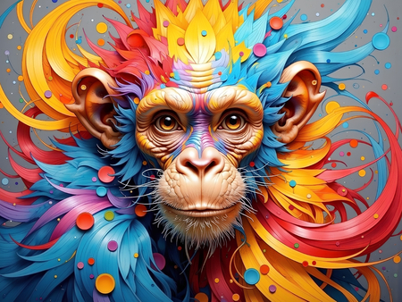 Portrait de chimpanzé dans un style pop art éclaté : formes colorées, jets de peinture, éclaboussures. Un tableau expressif et décalé, décliné en plusieurs versions. Exclusivité DECOTAB.