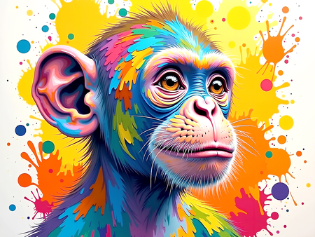 Tableau singe ou chimpanzé dans un style pop art graphique, aux couleurs franches et éclaboussures artistiques. Plusieurs déclinaisons et fonds disponibles. Création exclusive DECOTAB.