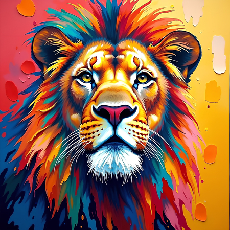 Un tableau lion pop art aux couleurs franches et saturées. Plusieurs versions aux fonds colorés, éclaboussures de peinture et palette éclatante. Création exclusive DECOTAB.