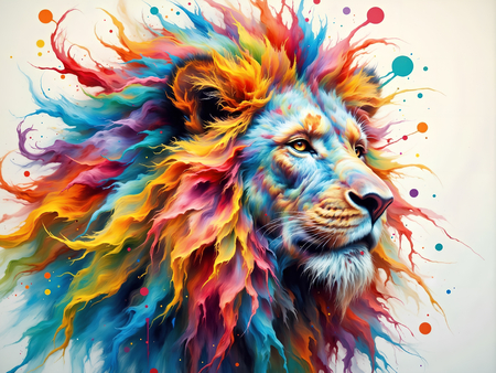 ableau lion aux couleurs évanescentes et nébuleuses. Une crinière multicolore vaporeuse dans un style cosmique, sur fond clair ou galactique. Création exclusive DECOTAB.