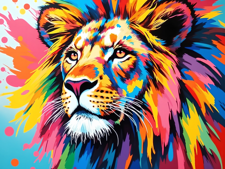 Un tableau lion pop art aux couleurs franches et saturées. Plusieurs versions aux fonds colorés, éclaboussures de peinture et palette éclatante. Création exclusive DECOTAB.
