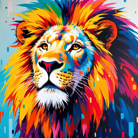 Un tableau lion pop art aux couleurs franches et saturées. Plusieurs versions aux fonds colorés, éclaboussures de peinture et palette éclatante. Création exclusive DECOTAB.