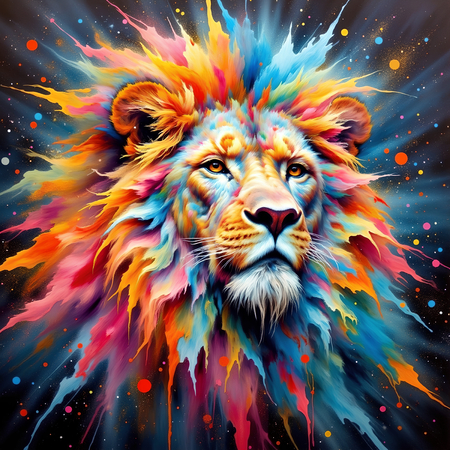 ableau lion aux couleurs évanescentes et nébuleuses. Une crinière multicolore vaporeuse dans un style cosmique, sur fond clair ou galactique. Création exclusive DECOTAB.