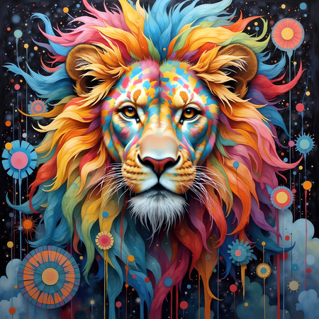 Tableau lion coloré au style new age et pop art. Teintes vives, textures graphiques et motifs psychédéliques. Une création originale, disponible en plusieurs versions.