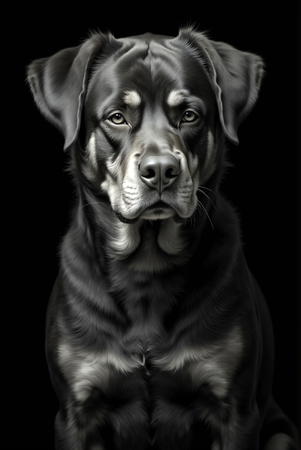 Découvrez notre tableau moderne de rottweiler, portrait photographique sur fond noir, style studio, presque monochrome. Fabrication française sur-mesure.