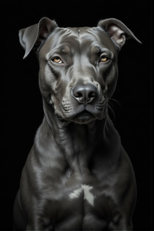Tableau moderne de pitbull staffy, portrait photographique sur fond noir, style studio, presque monochrome. Fabrication française sur-mesure.