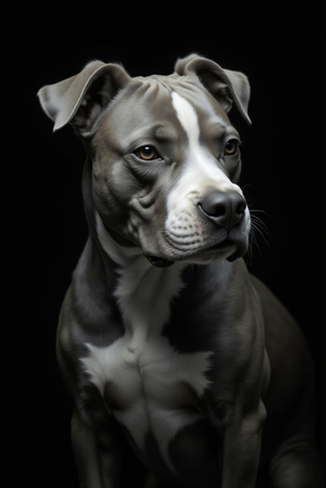 Tableau moderne de pitbull staffy, portrait photographique sur fond noir, style studio, presque monochrome. Fabrication française sur-mesure.