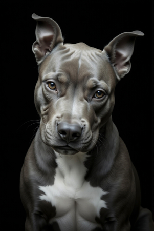 Tableau moderne de pitbull staffy, portrait photographique sur fond noir, style studio, presque monochrome. Fabrication française sur-mesure.