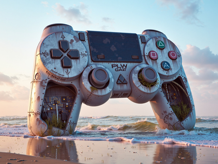Tableau original représentant une manette géante échouée sur une plage, mêlant art gaming et atmosphère post-apocalyptique. Fabrication française sur-mesure.