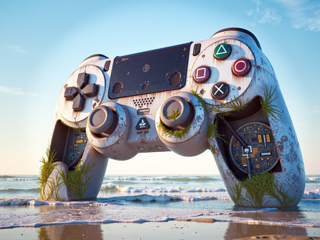 Tableau original représentant une manette géante échouée sur une plage, mêlant art gaming et atmosphère post-apocalyptique. Fabrication française sur-mesure.