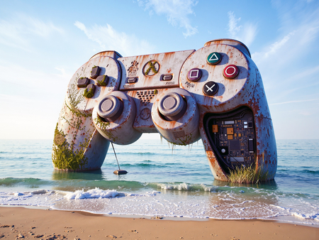 Tableau original représentant une manette géante échouée sur une plage, mêlant art gaming et atmosphère post-apocalyptique. Fabrication française sur-mesure.