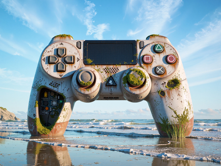 Tableau original représentant une manette géante échouée sur une plage, mêlant art gaming et atmosphère post-apocalyptique. Fabrication française sur-mesure.