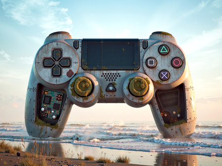 Tableau original représentant une manette géante échouée sur une plage, mêlant art gaming et atmosphère post-apocalyptique. Fabrication française sur-mesure.